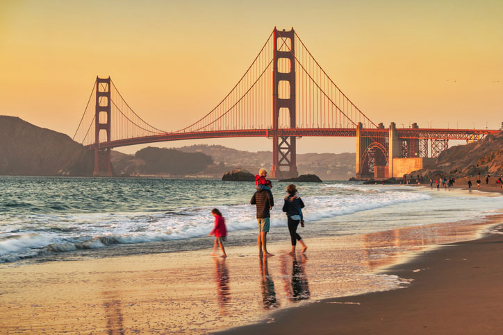 family beach with golden gate bridge in the background